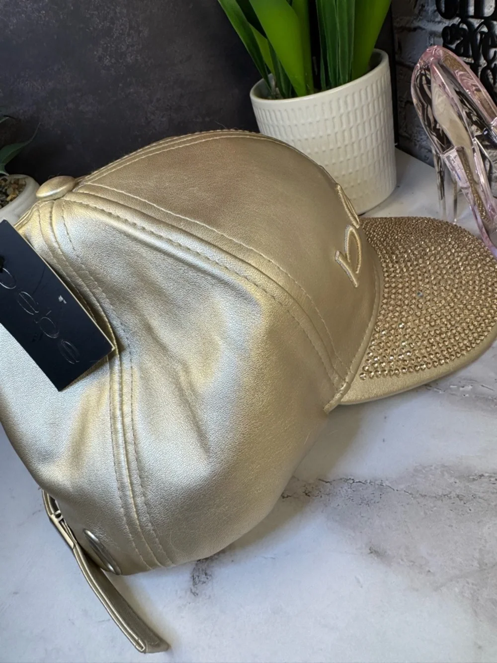 bebe Metallic Gold Crystal-Embellished Baseball Cap - Picture 4 of 8